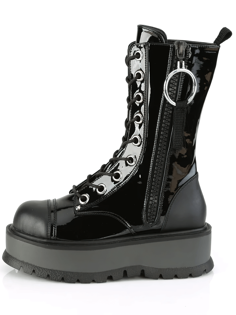 DEMONIA Edgy Black Lace-Up Mid-Calf Platform Boots