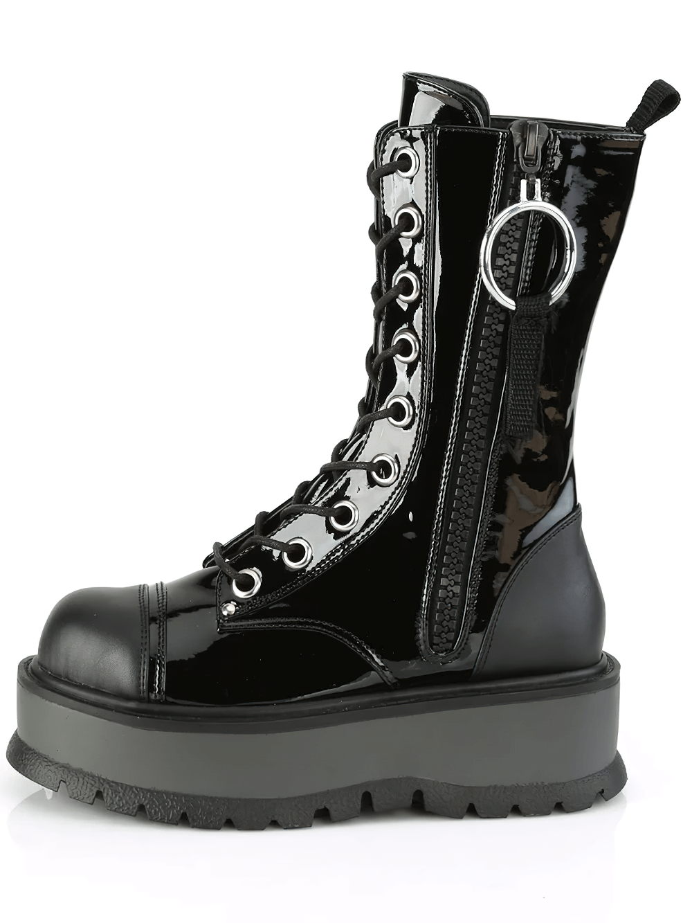 Edgy black lace-up mid-calf platform boots with oversized O-ring pull zip and 2-inch solid platform.
