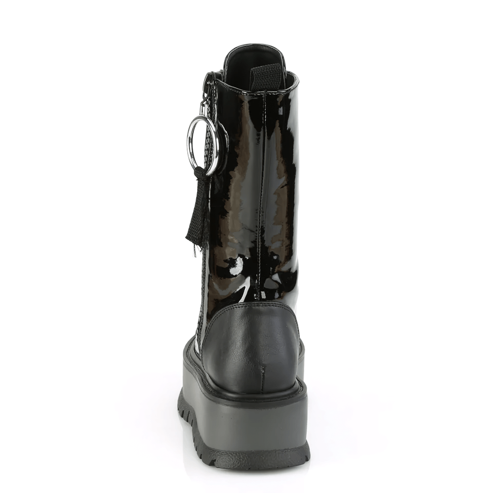 Back view of DEMONIA edgy black boots with a shiny finish, O-ring zipper pull, and bold platform.