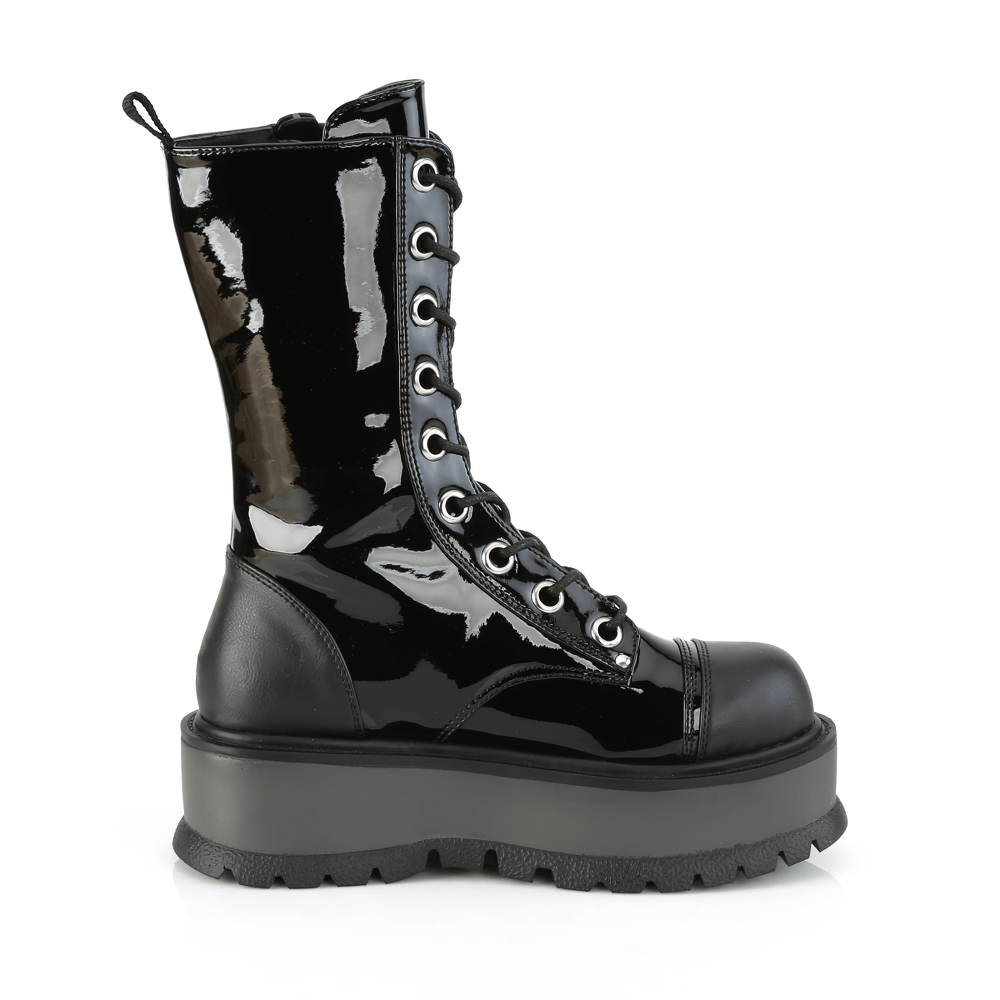 Demonia edgy black lace-up mid-calf platform boots with O-ring zipper pull for bold style and comfort.