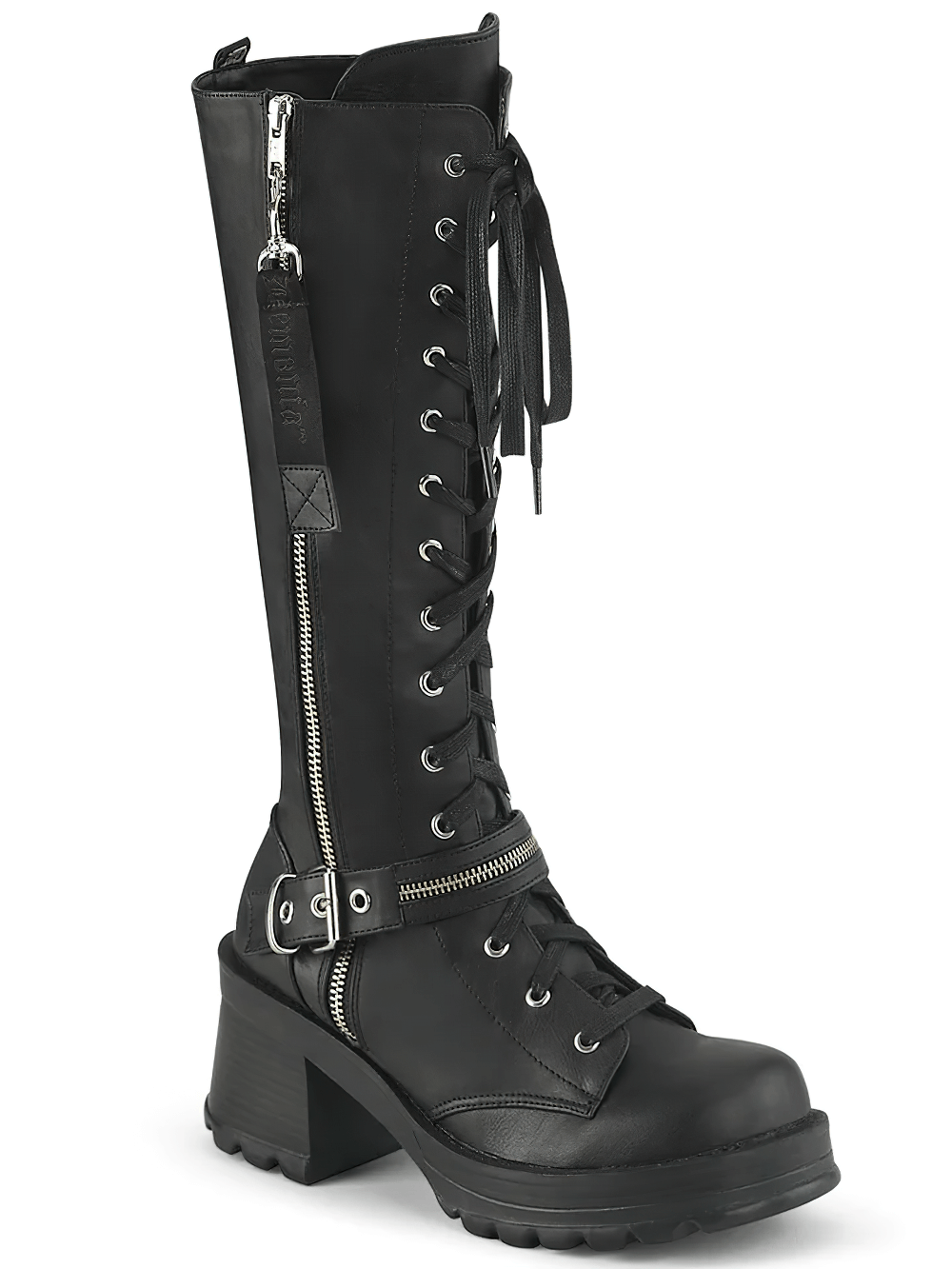 Demonia edgy lace-up knee boot in black with chunky heel, buckle accent, and zipper detail for alternative fashion.