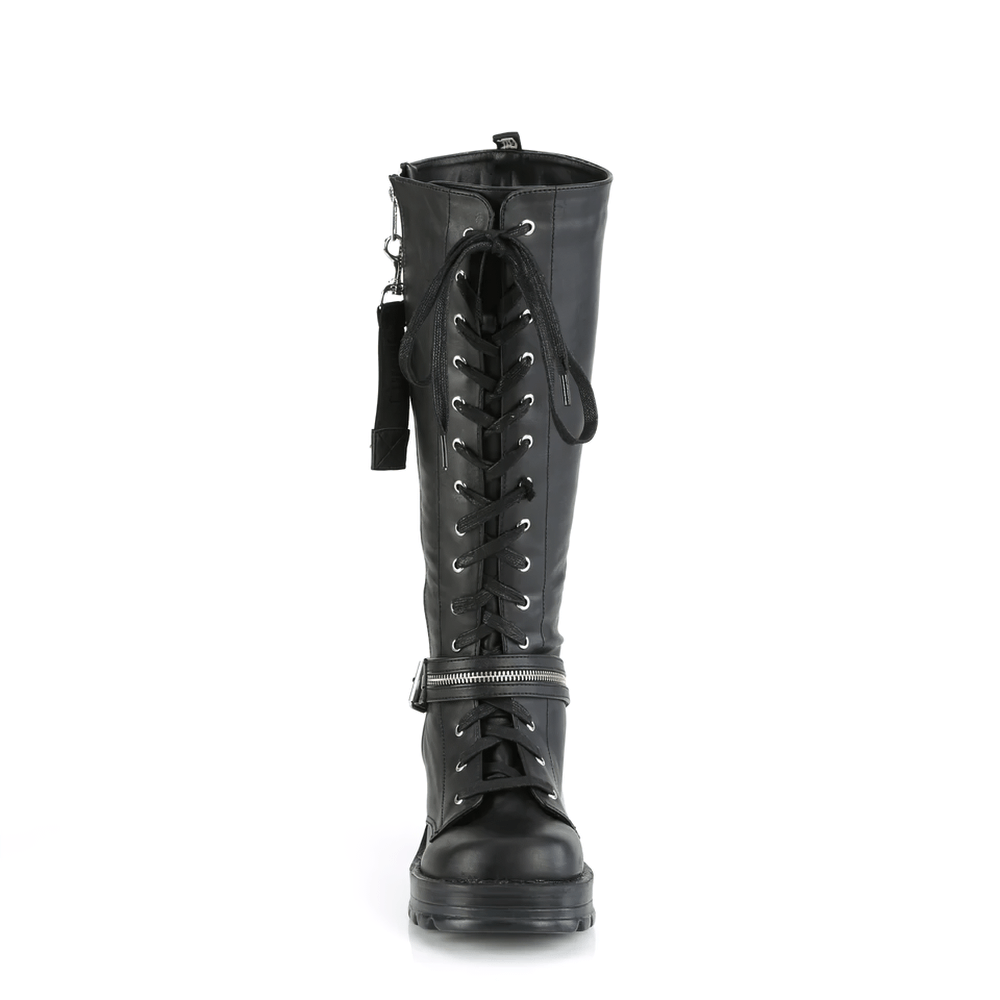 Black lace-up knee-high boot with chunky heel and buckle detail, perfect for alternative fashion.
