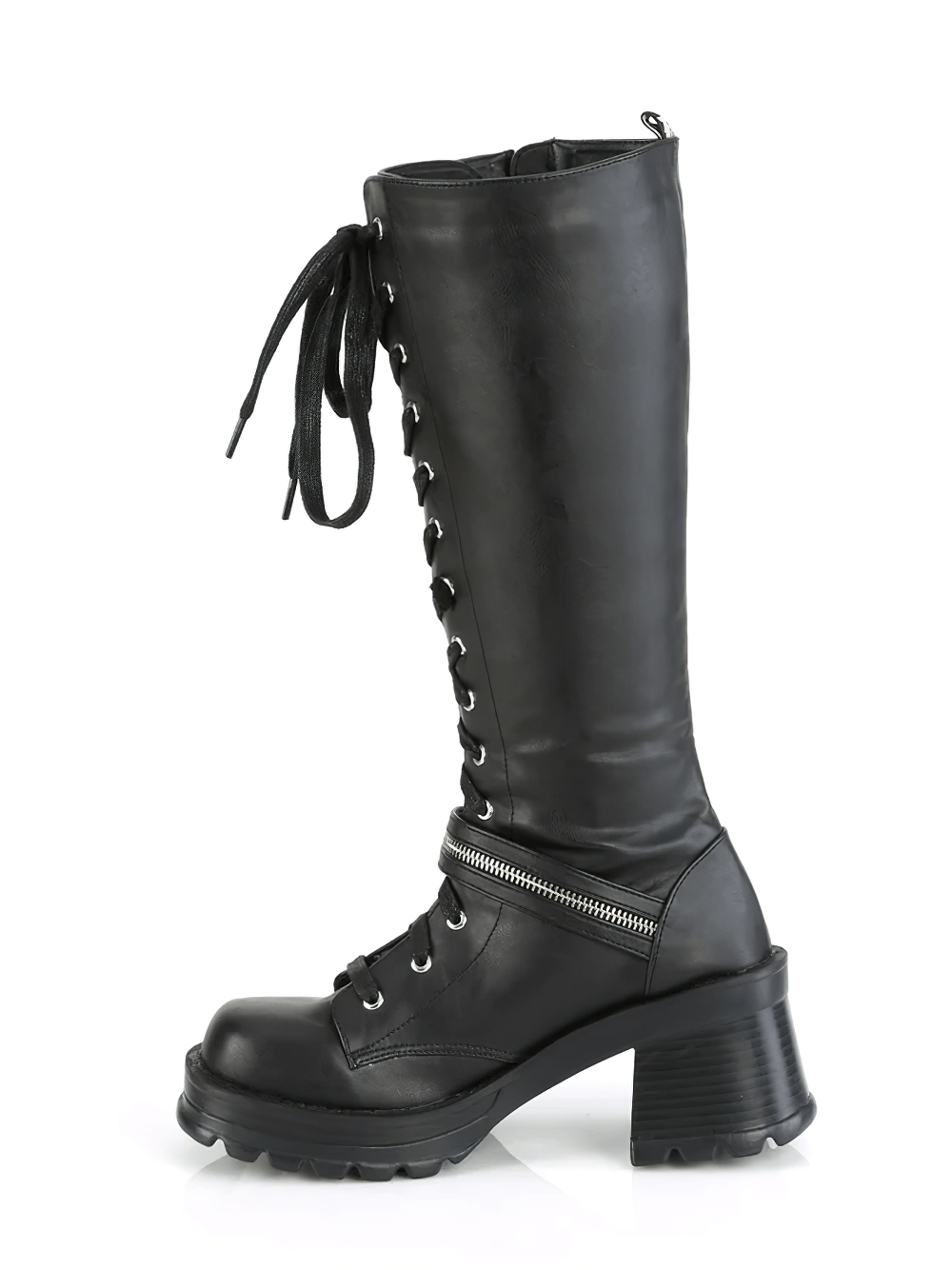 Demonia edgy lace-up knee boots with chunky heel and zipper detail, perfect for alternative fashion.