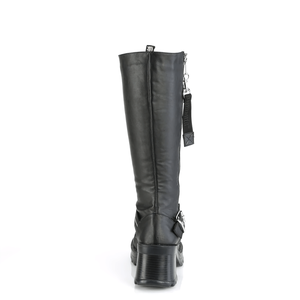 Back view of DEMONIA edgy knee-high lace-up boot with chunky heel and buckle accent. Perfect for alternative fashion lovers.