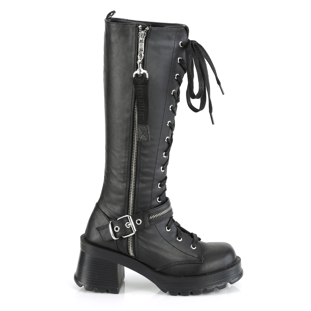 Demonia edgy black lace-up knee boot with chunky heel and buckle detail, featuring a zipper closure for easy wear.