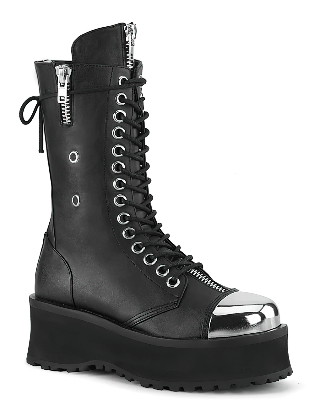DEMONIA Edgy Mid-Calf Boots with Chrome Details and Zippers