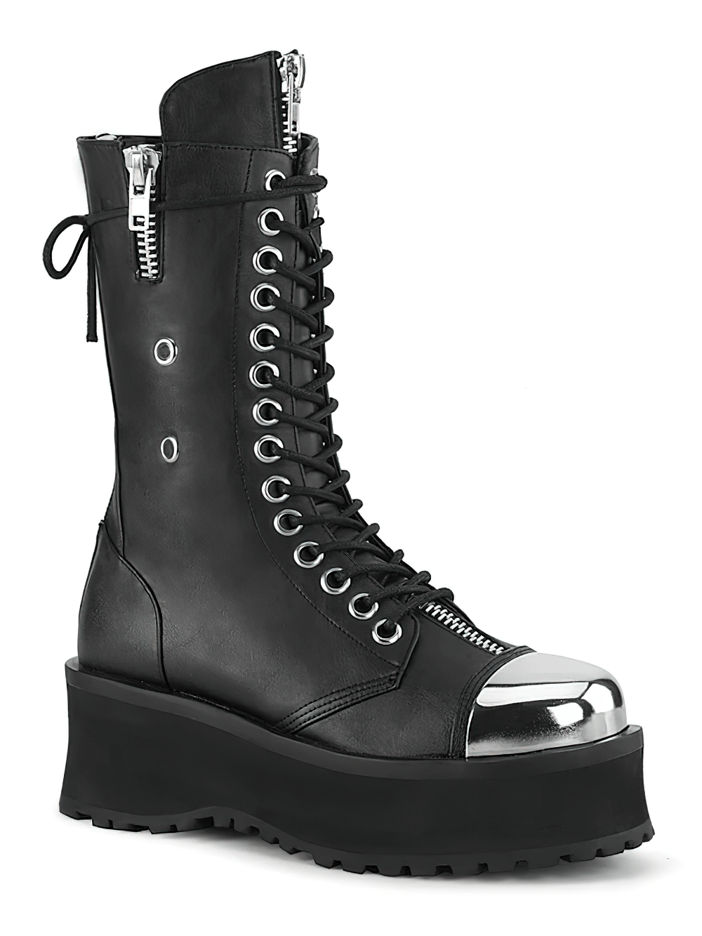 Daring unisex mid-calf black boots with chrome details, zippers, and a chunky platform for an edgy look.