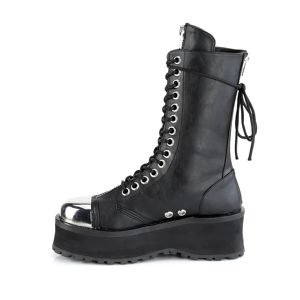 DEMONIA Edgy Mid-Calf Boots with Chrome Details and Zippers