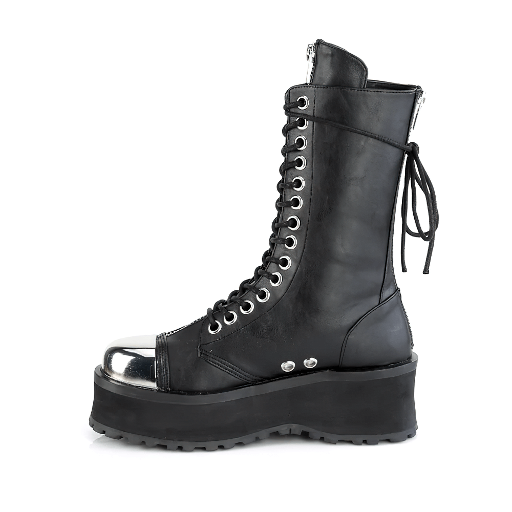 Daring Demonia Mid-Calf Boots in black vegan leather with chrome toe cap and decorative zippers, featuring a platform sole.