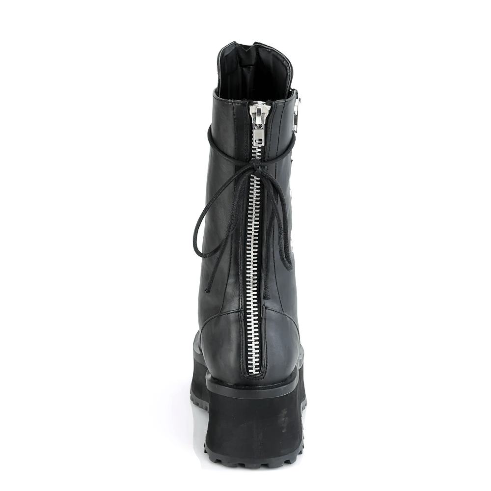 Back view of DEMONIA edgy mid-calf black boots with chrome details and decorative zippers.
