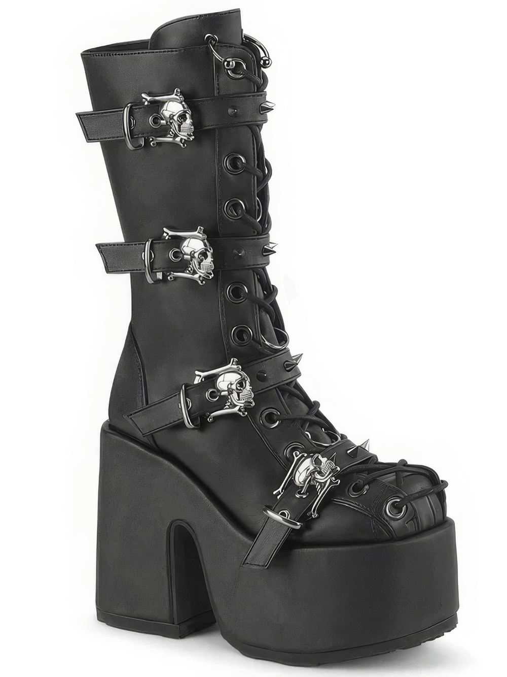 Dramatic Demonia mid-calf boots with spiked skull buckle straps and corset lace-up design on a tall platform.