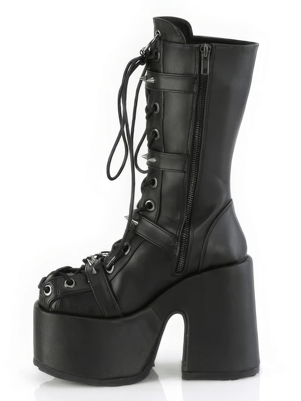 Dramatic mid-calf Demonia boots with spikes, skull details, and a striking corset lace-up design, showcasing a bold platform.