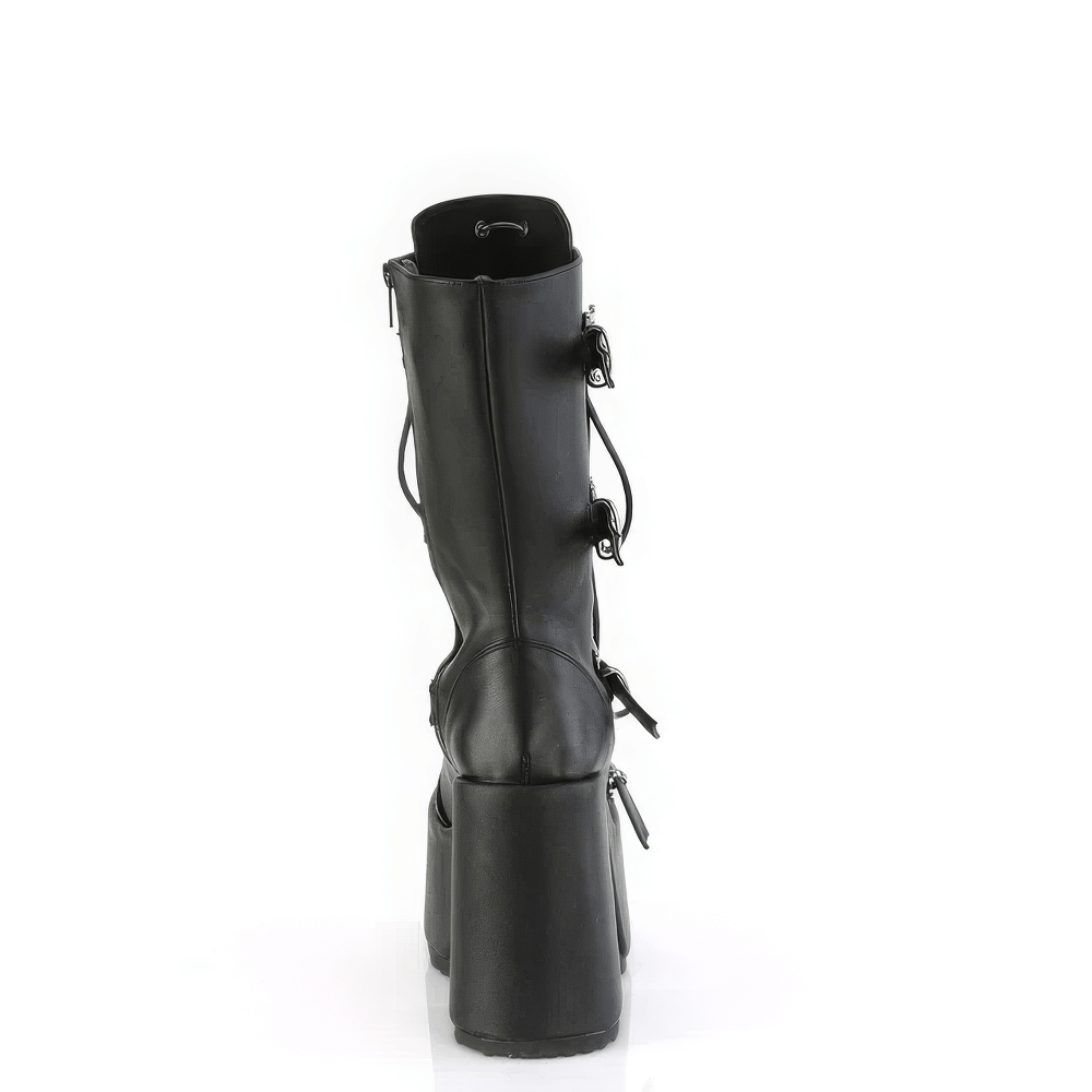 Back view of DEMONIA mid-calf boots with spikes and skull details, showcasing a bold platform heel and corset lacing.