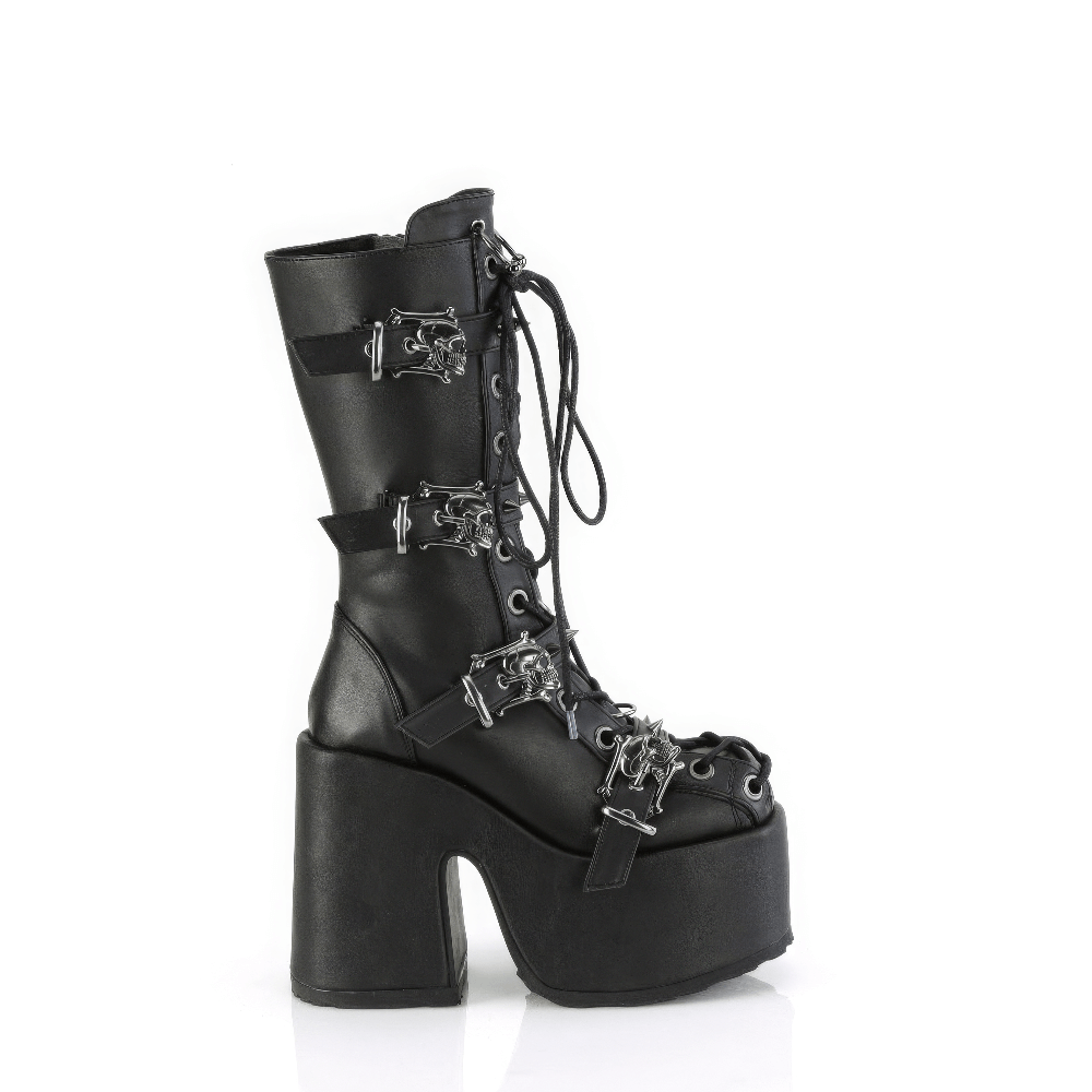 Dramatic Demonia mid-calf boots with spikes, skull details, and lace-up front on a chunky platform heel.