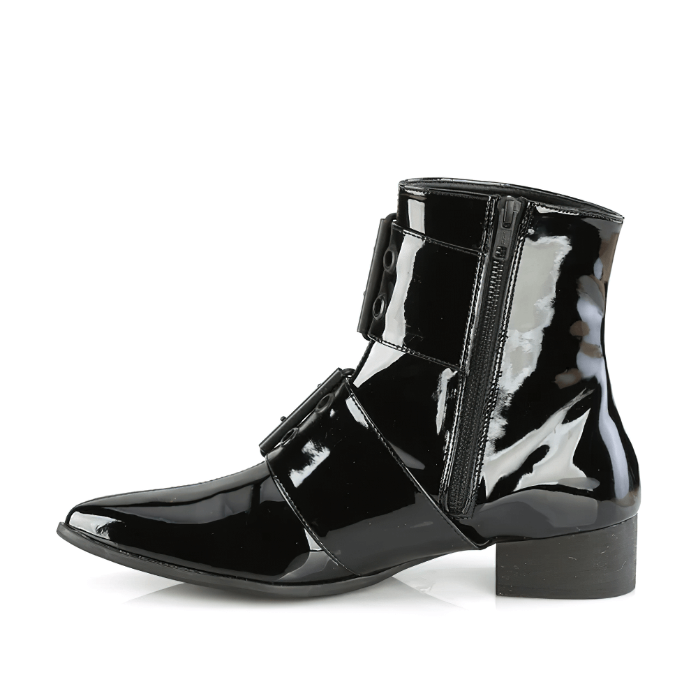 DEMONIA Edgy Patent Leather Ankle Boots with Straps