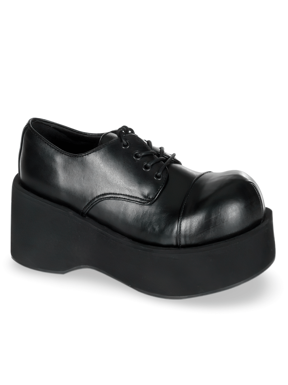 Bold black platform goth punk rockabilly shoes with a sleek silhouette and a 3.25" heel, made from vegan leather.