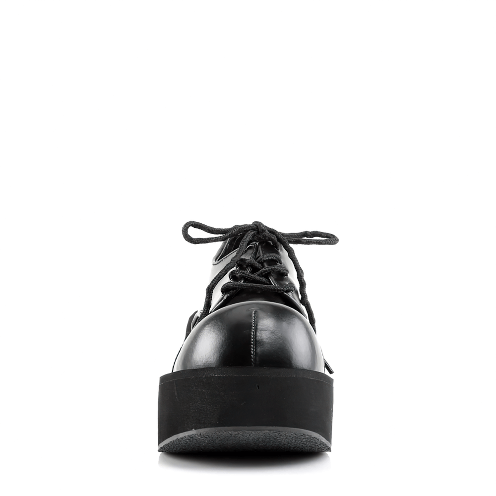 Bold black platform goth punk rockabilly shoes with lace-up front view, perfect for elevating your style.
