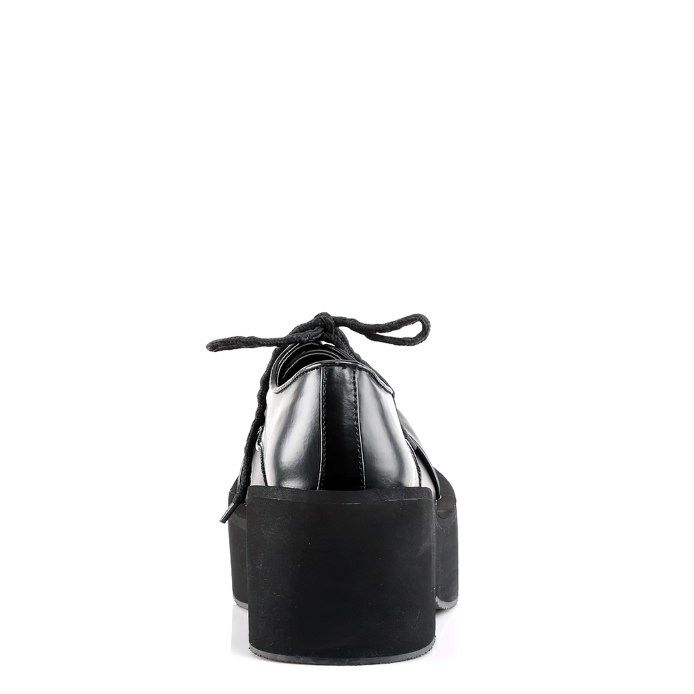 Back view of bold black platform goth punk rockabilly shoes with lace-up detail.