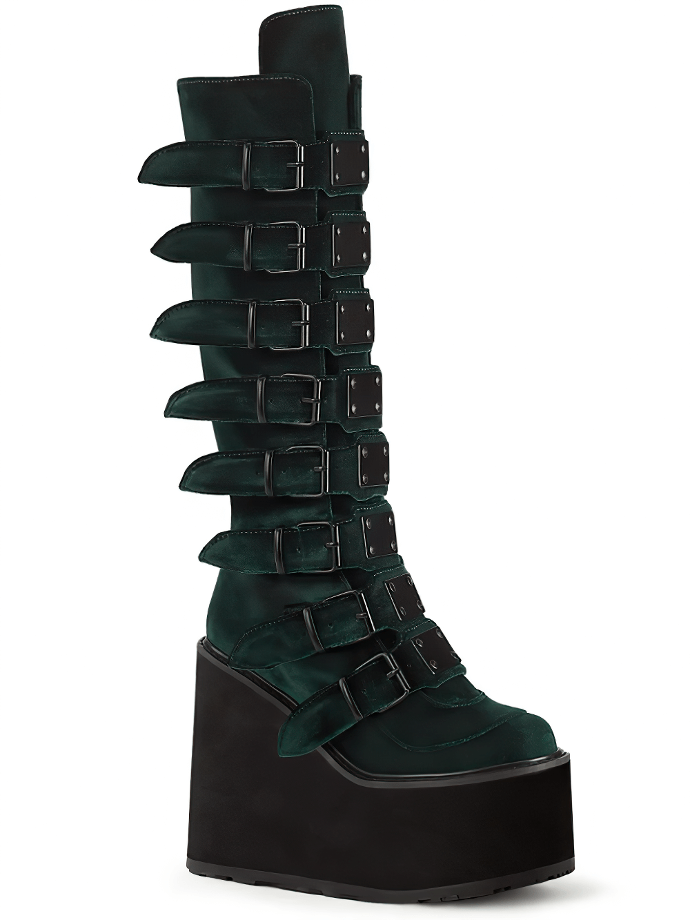 Demonia emerald velvet knee-high platform boots with buckles and 5 1/2-inch platform, perfect for gothic fashion.