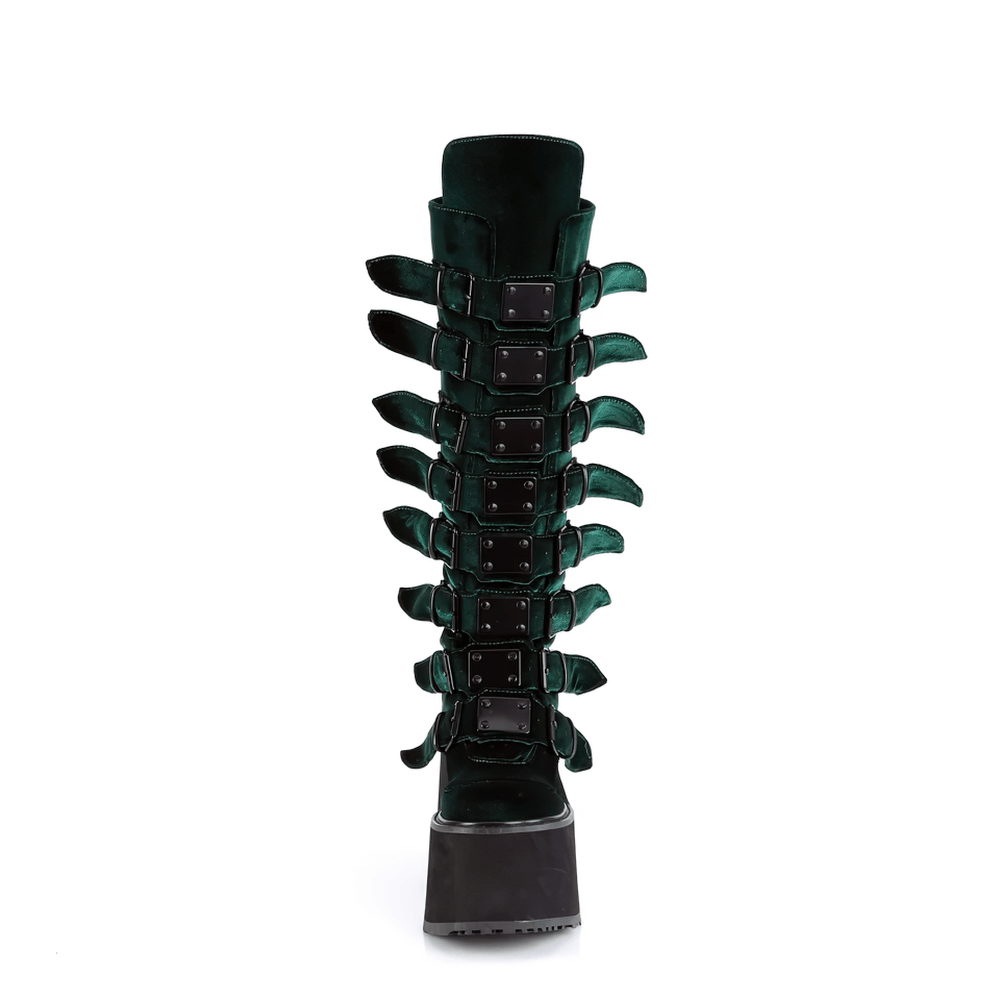 Gothic emerald velvet knee-high platform boots with buckle details and a 5 1/2-inch platform.