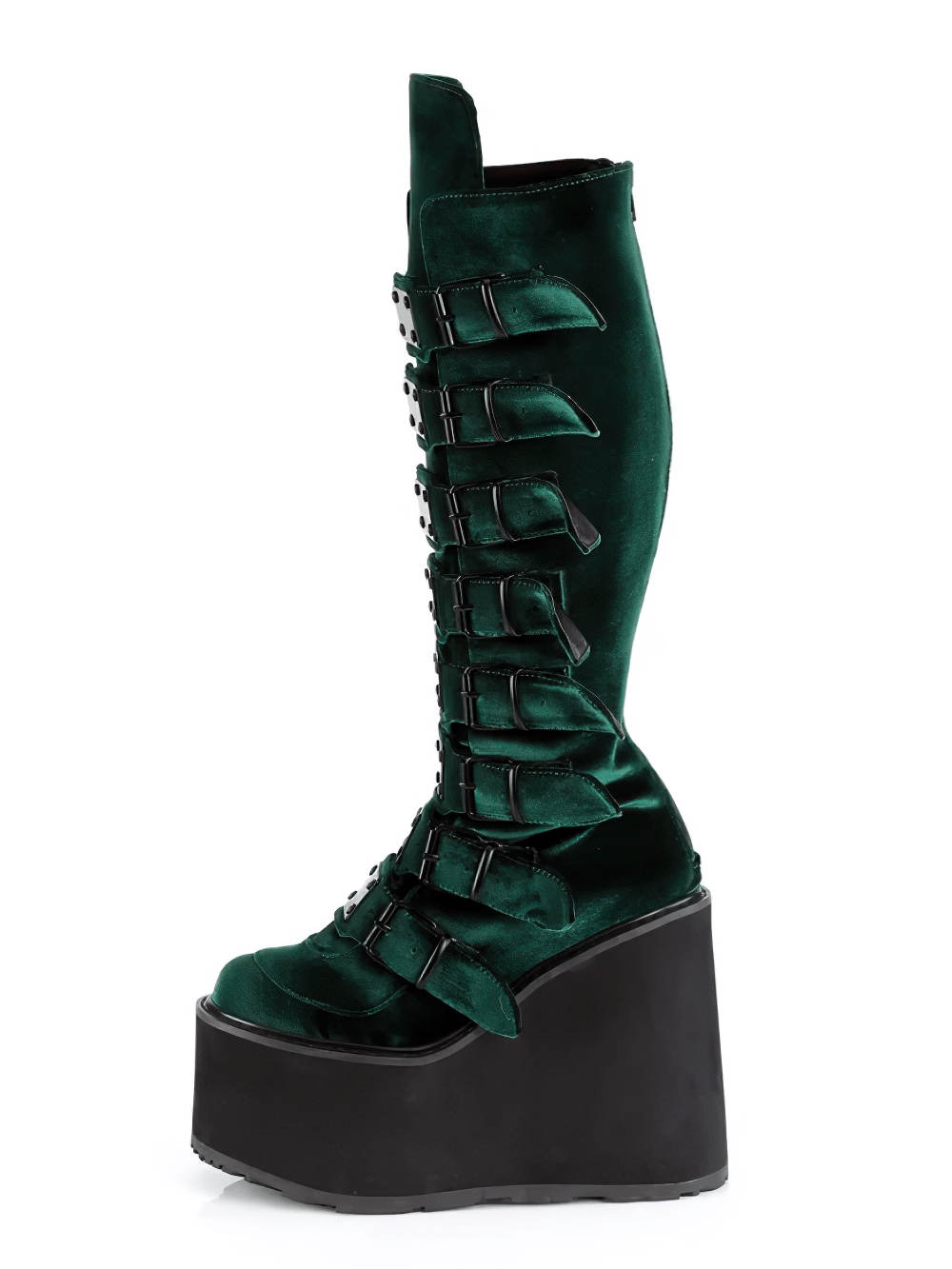 Gothic emerald velvet knee-high platform boots with buckles and a striking 5 1/2-inch platform.