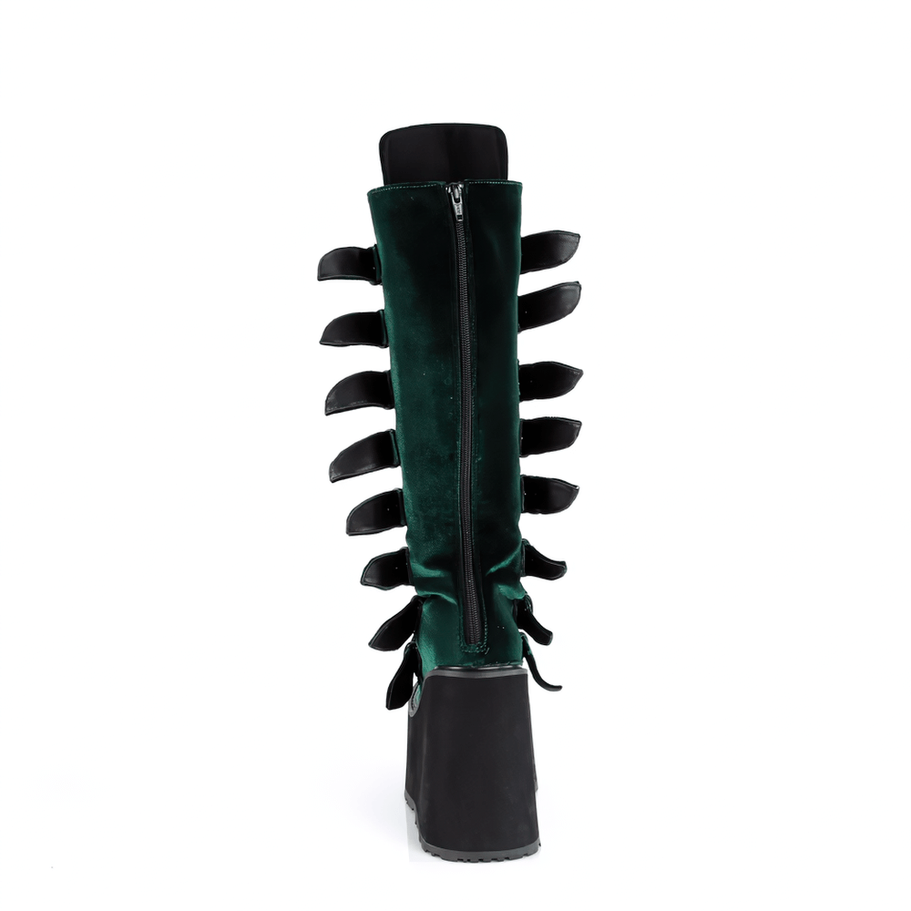 Back view of Demonia emerald velvet knee-high platform boots with buckles and robust metal zip.