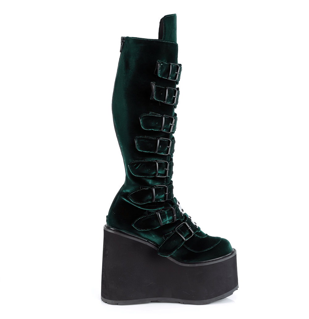 Demonia emerald velvet knee-high platform boots with buckles and 5 1/2-inch heel, perfect for gothic fashion.
