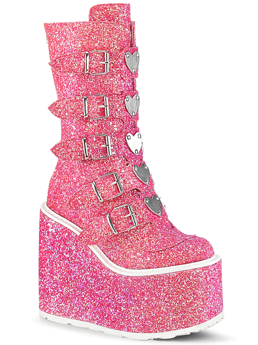 Sparkly pink platform mid-calf boots with heart buckles and glitter finish, perfect for adding playful punk style.