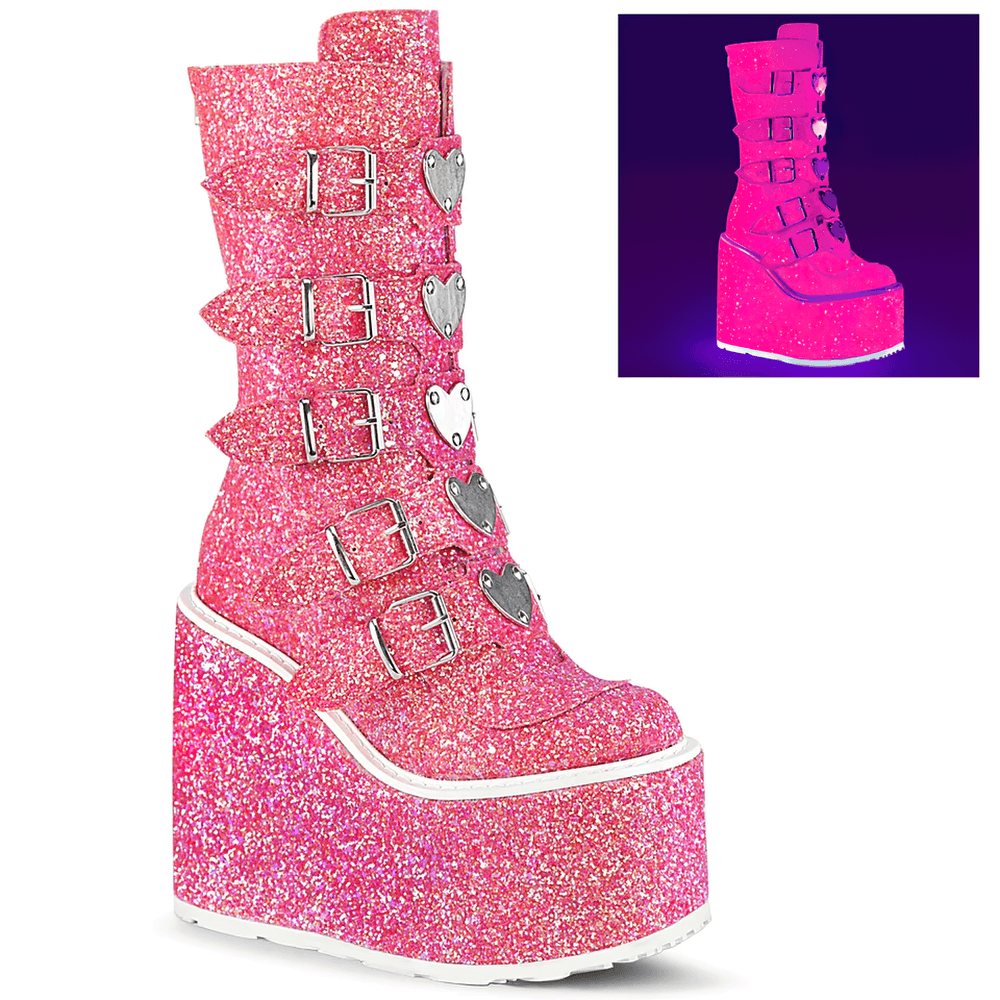 Sparkly pink platform mid-calf boots with heart buckles and glitter finish, featuring a 5.5 inch platform.