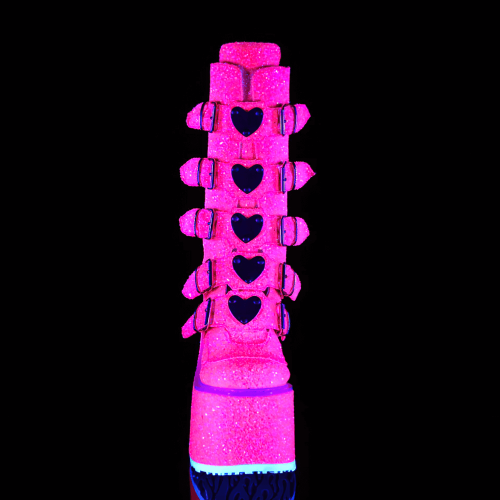 Sparkly pink mid-calf platform boots with heart buckles, perfect for punk and playful style.