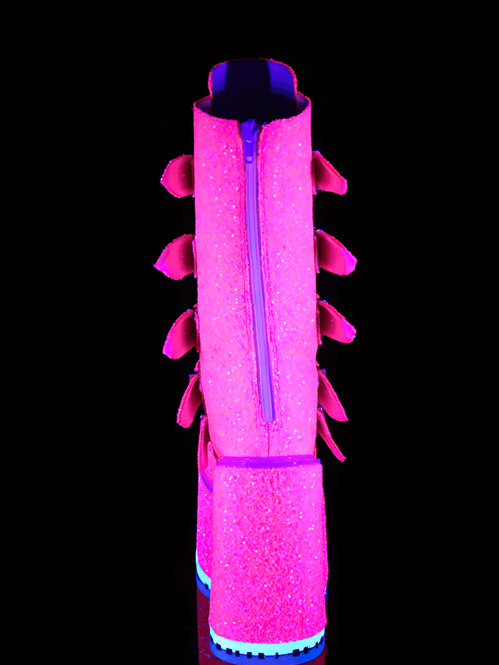 Back view of neon pink sparkly platform mid-calf boots with heart buckles and glitter finish.