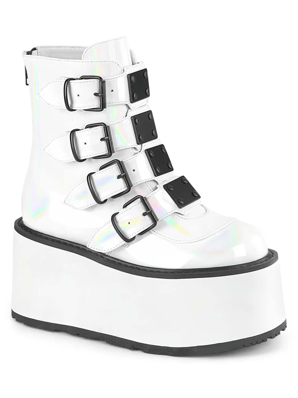 Iridescent white platform ankle boots with quadruple buckles for women.