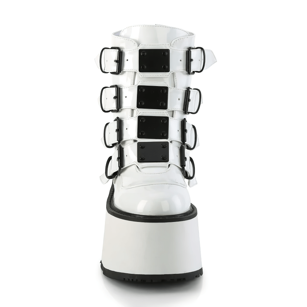 Demonia white holographic platform ankle boots with quadruple buckles, 3.5 inch platform for an edgy look.