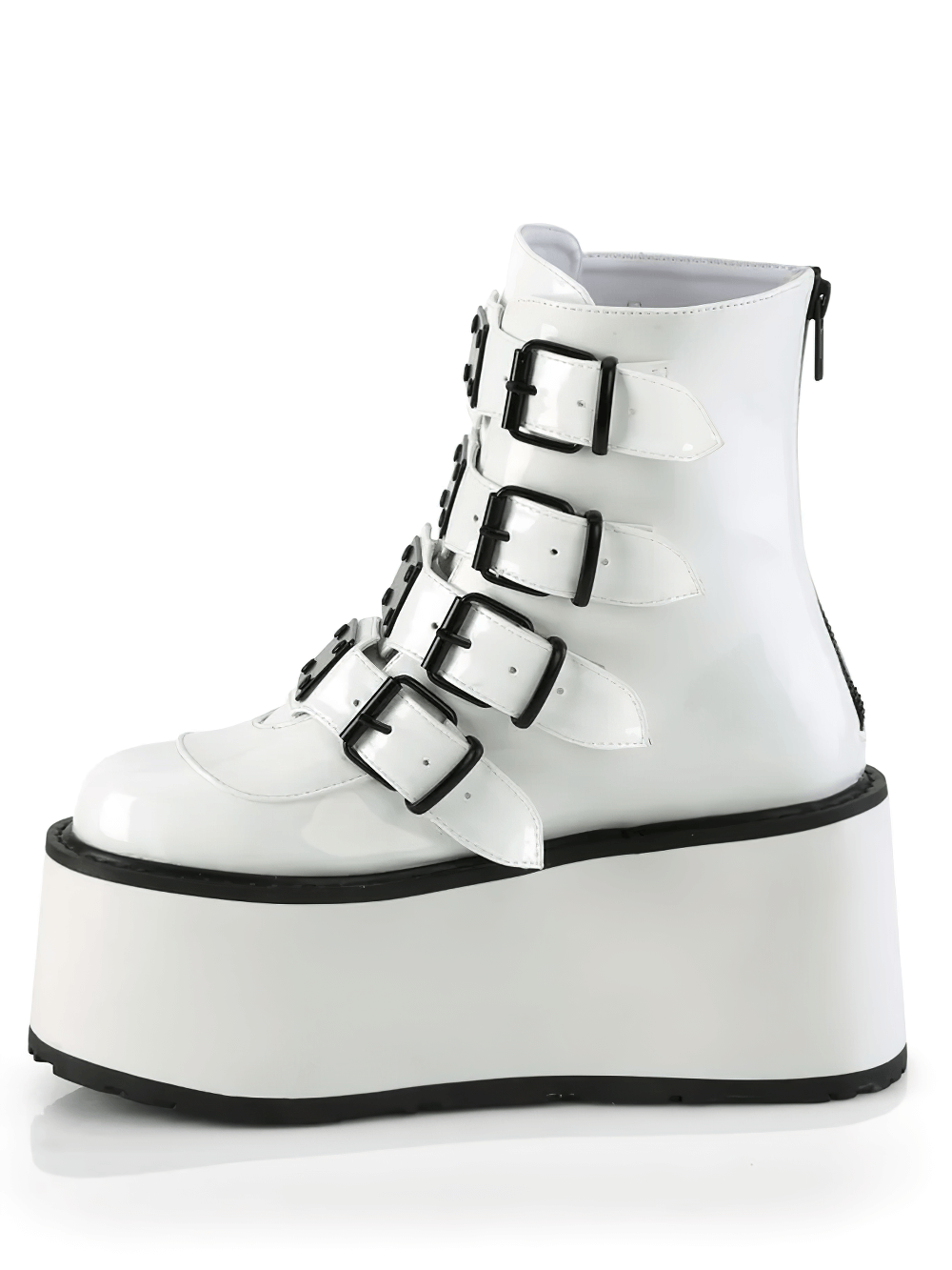 Demonia white holographic platform ankle boots with quadruple buckles for women.