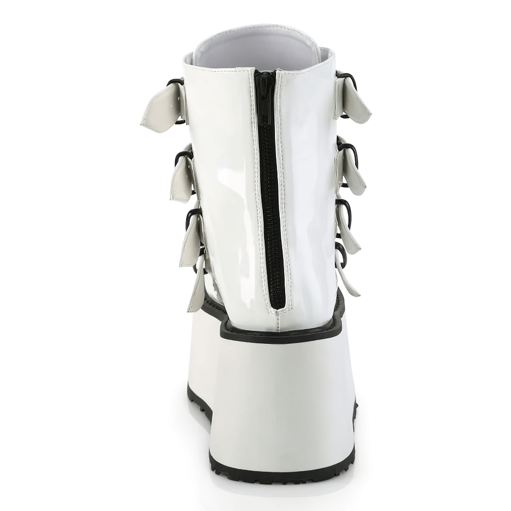 DEMONIA Female White Holographic Platform Ankle Boots