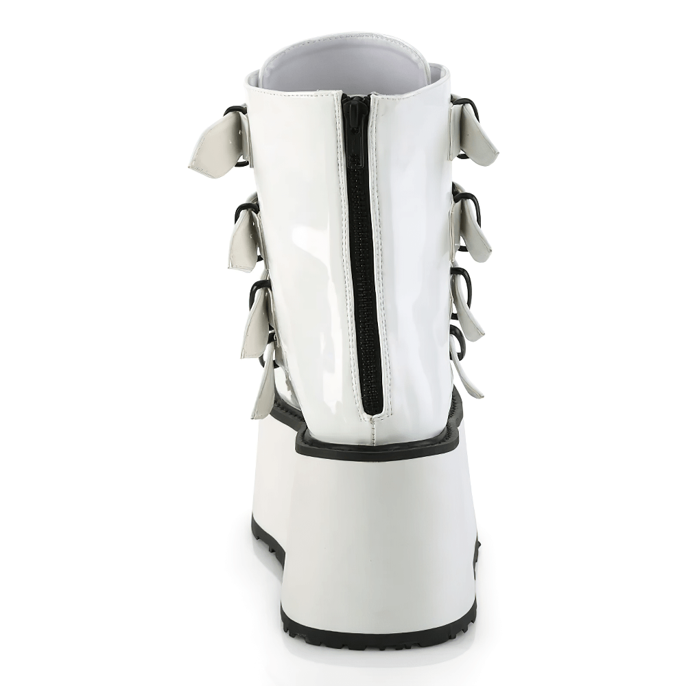 Back view of Demonia women's white holographic platform ankle boots with buckle straps and a zip closure.