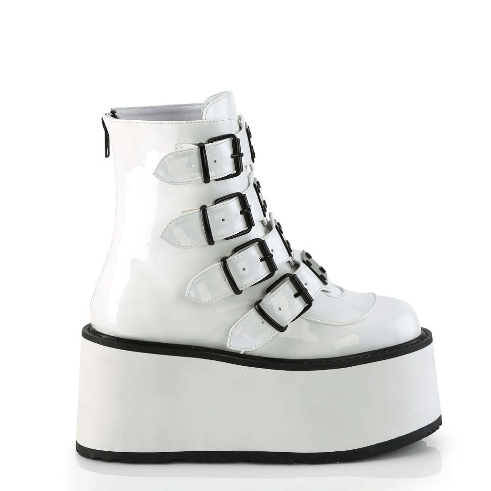 White holographic platform ankle boots with quadruple buckle straps for women.
