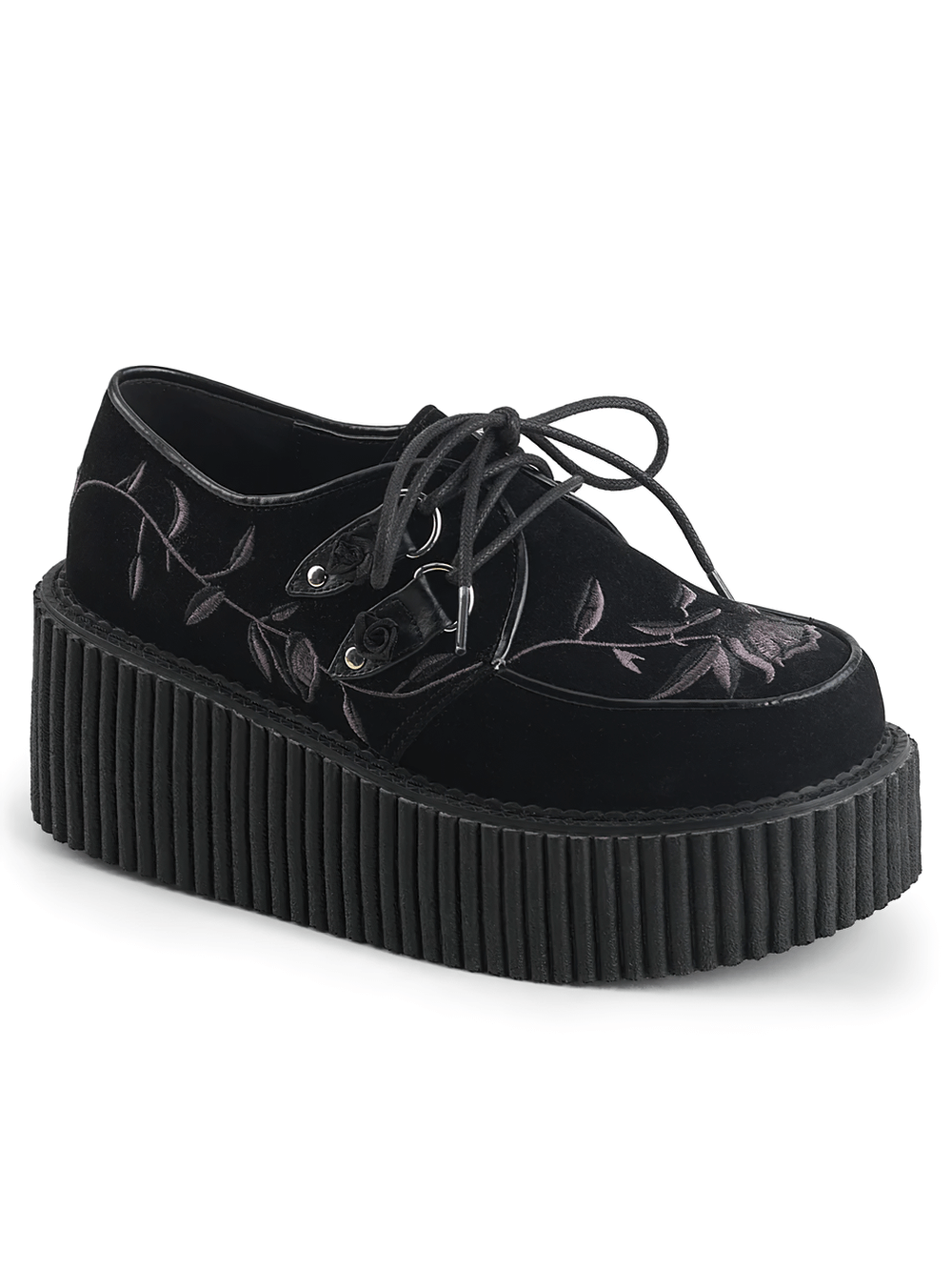 DEMONIA Floral Embroidered Black Lace-Up Creepers
