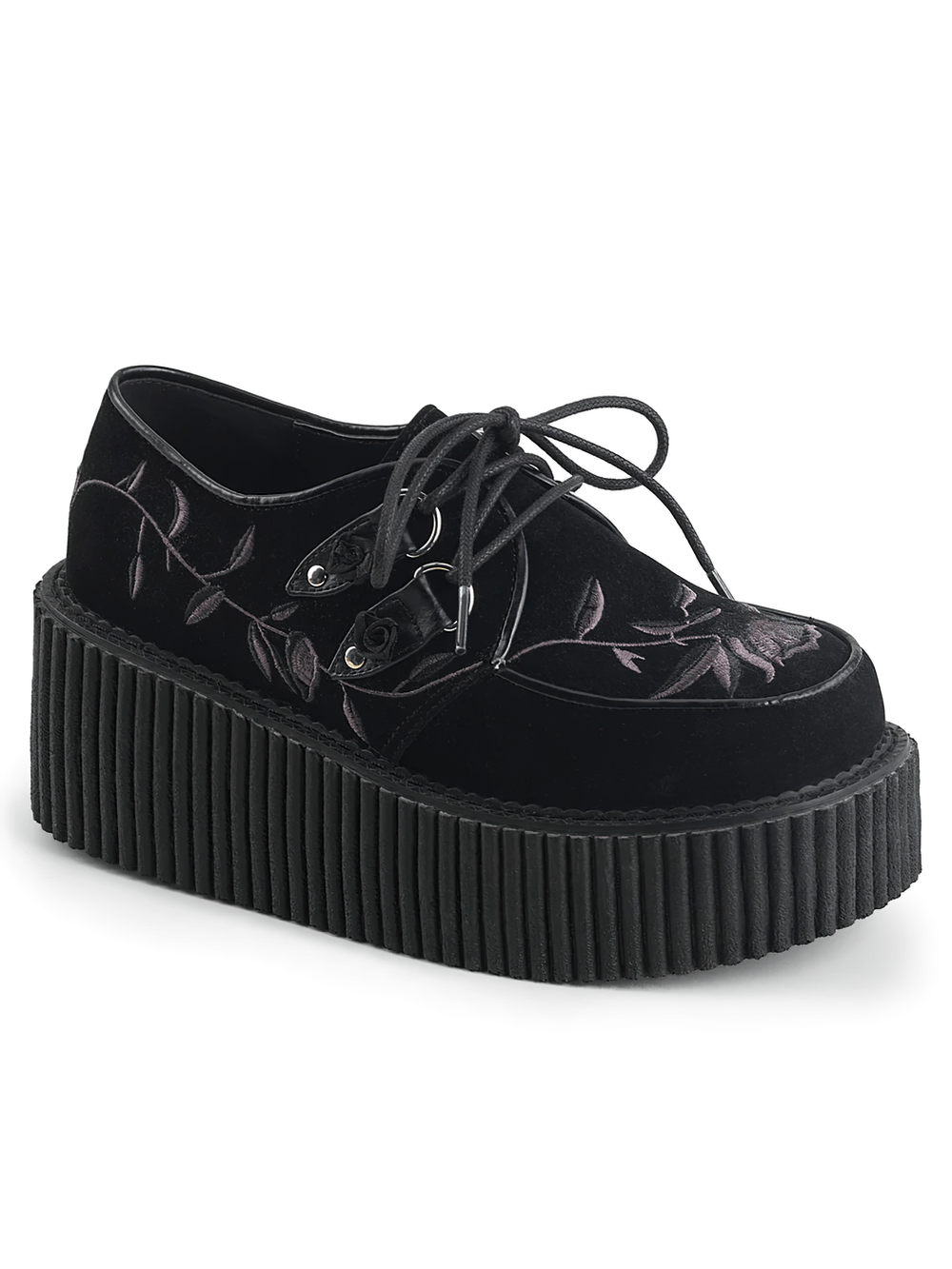 Stylish Demonia floral embroidered black lace-up creepers with a 3-inch platform and black velvet surface.