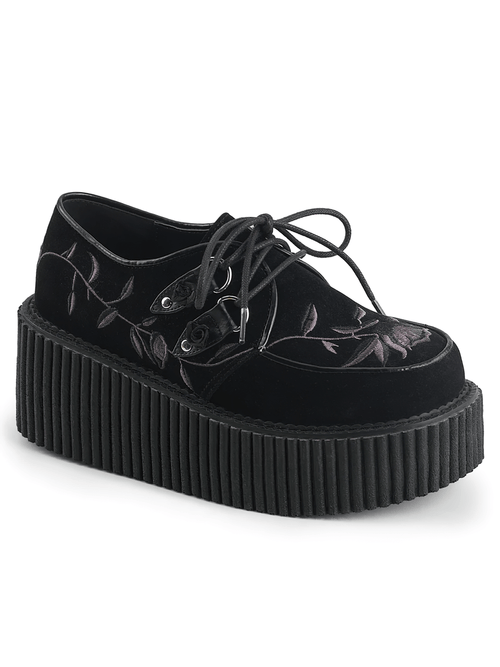 DEMONIA Creepers zum Schnüren in Schwarz mit Blumenstickerei