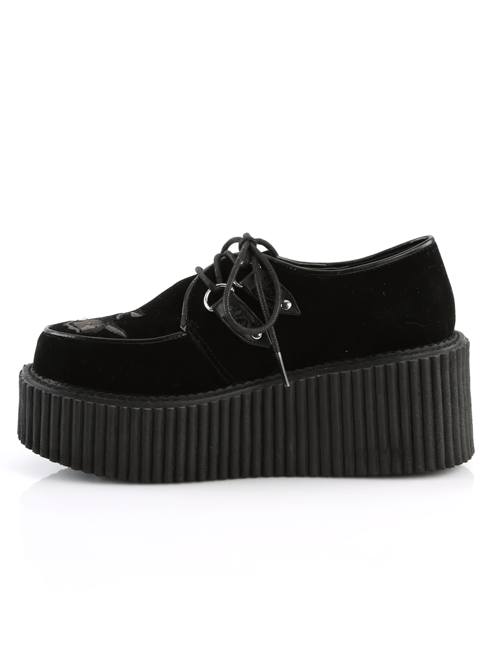 Stylish black velvet lace-up creepers with floral embroidery and a 3-inch platform, perfect for gothic chic looks.