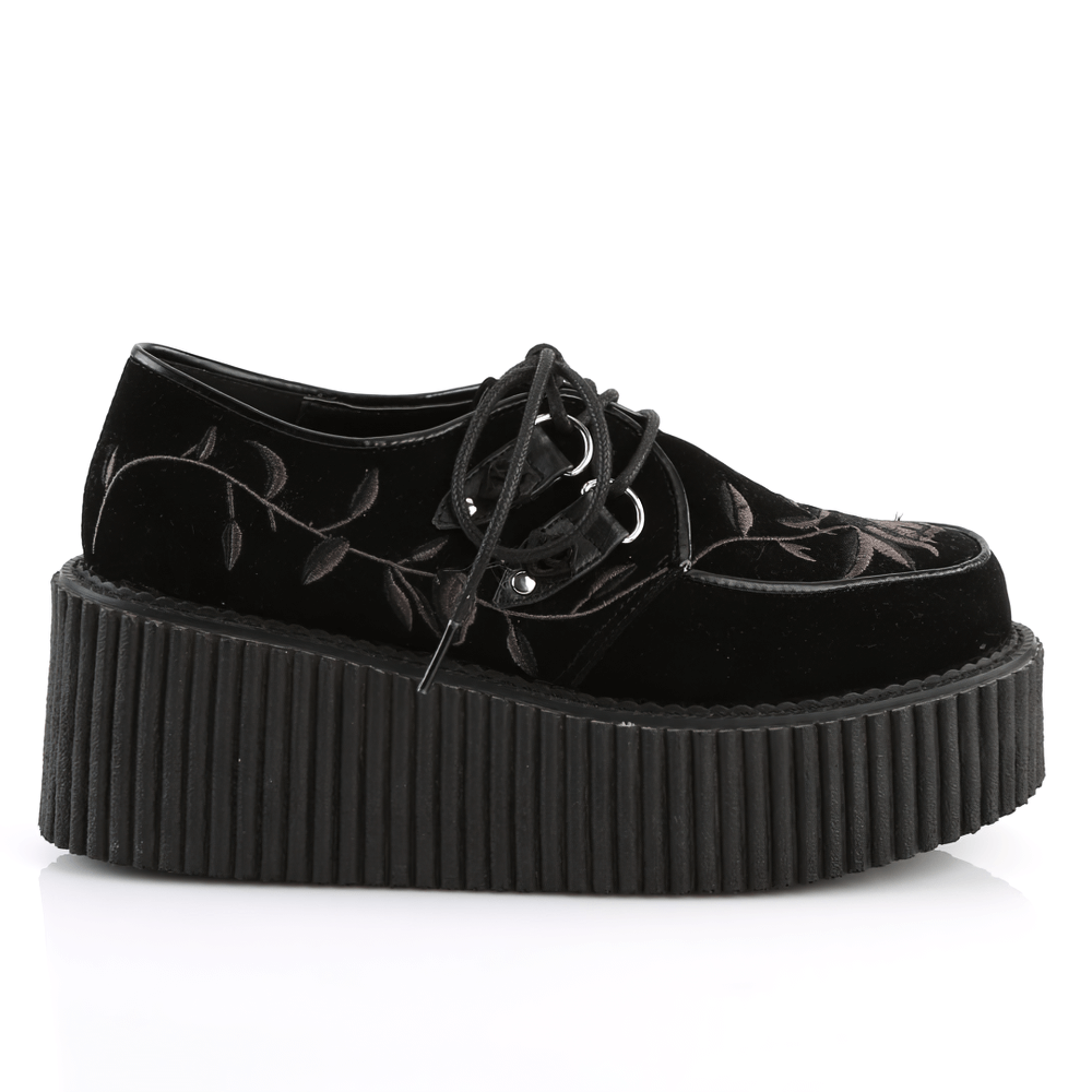 DEMONIA Floral Embroidered Black Lace-Up Creepers