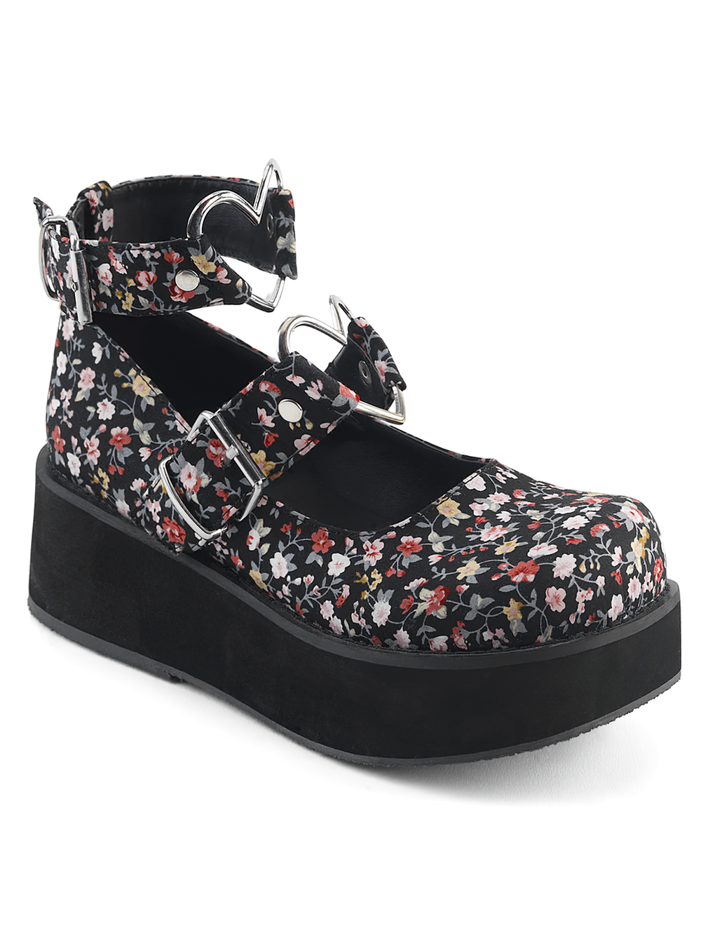Floral Mary Jane platforms featuring ankle straps and heart detail, perfect for adding whimsy to any outfit.