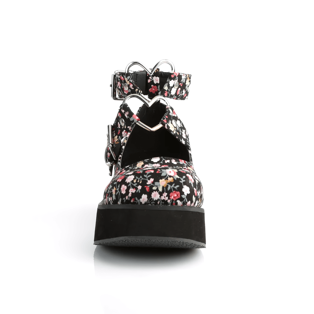 Floral Mary Jane platforms with heart detail and ankle strap for women, featuring a vibrant floral print.
