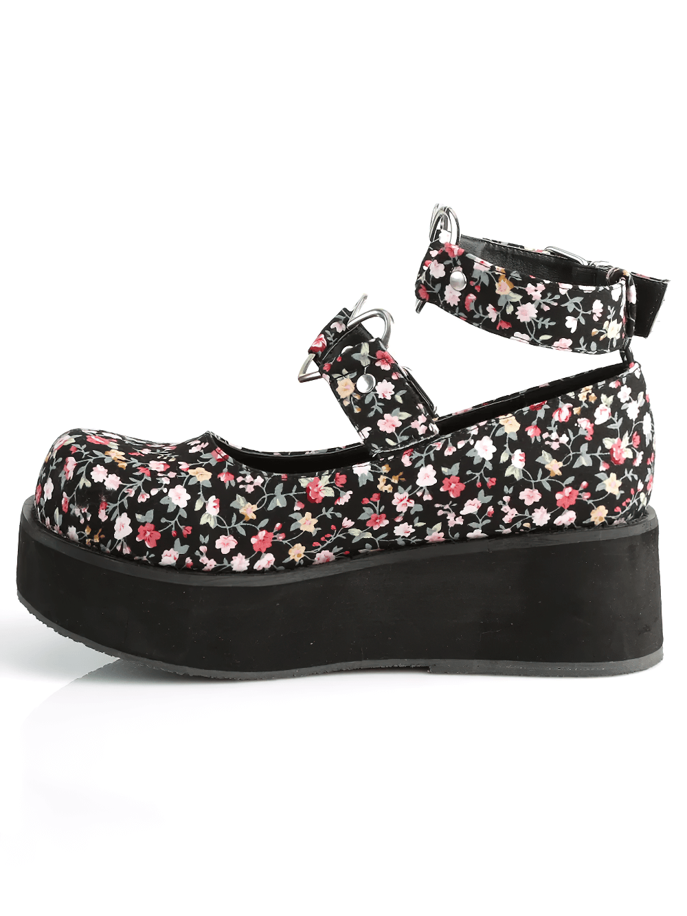 Floral Mary Jane platform shoes with ankle strap and heart detail, perfect for adding style to any outfit.
