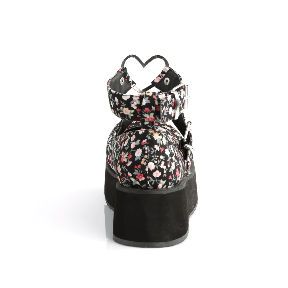 Demonia Floral Mary Jane platform shoes with heart detail and ankle strap, showcasing vibrant floral print from the back.