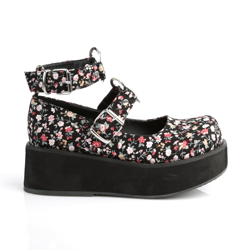 Demonia Floral Mary Jane Platforms with heart detail and ankle strap, featuring vibrant floral print and 2 1/4-inch platform.