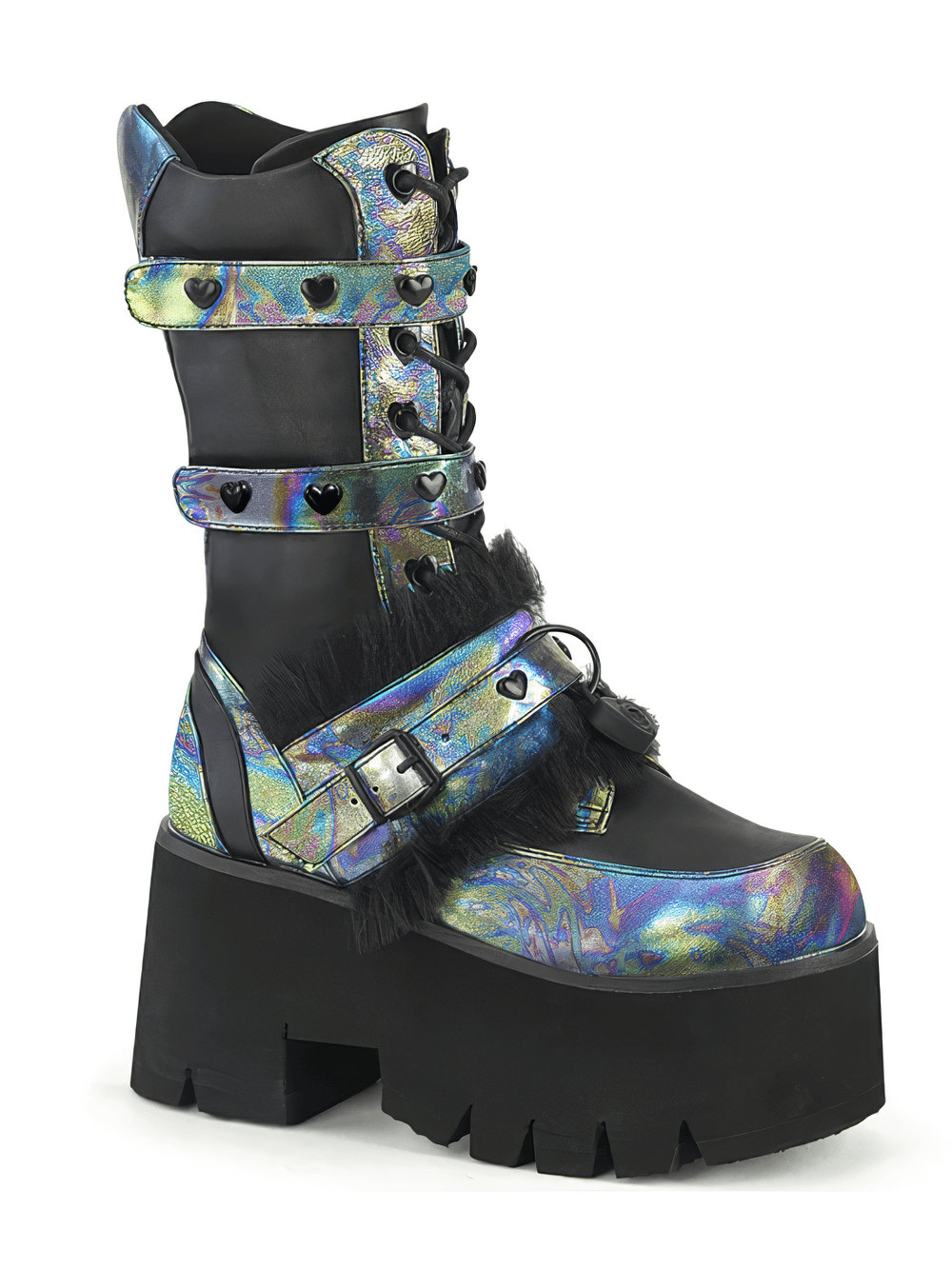 Demonia mid-calf platform boots with heart eyelet straps, chunky heel, and fur lining in vibrant green multi oil finish.