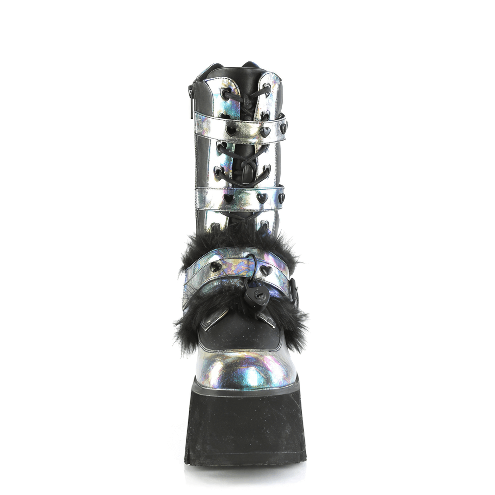 Demonia mid-calf platform boots with heart eyelets, chunky heel, and fur-lined strap in silver and black.