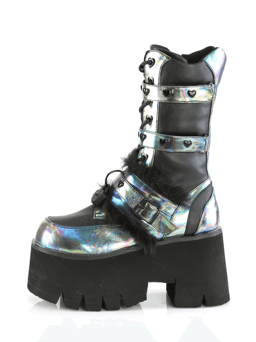 Demonia fur-lined mid-calf platform boots with heart studs and an iridescent finish, featuring chunky heels.